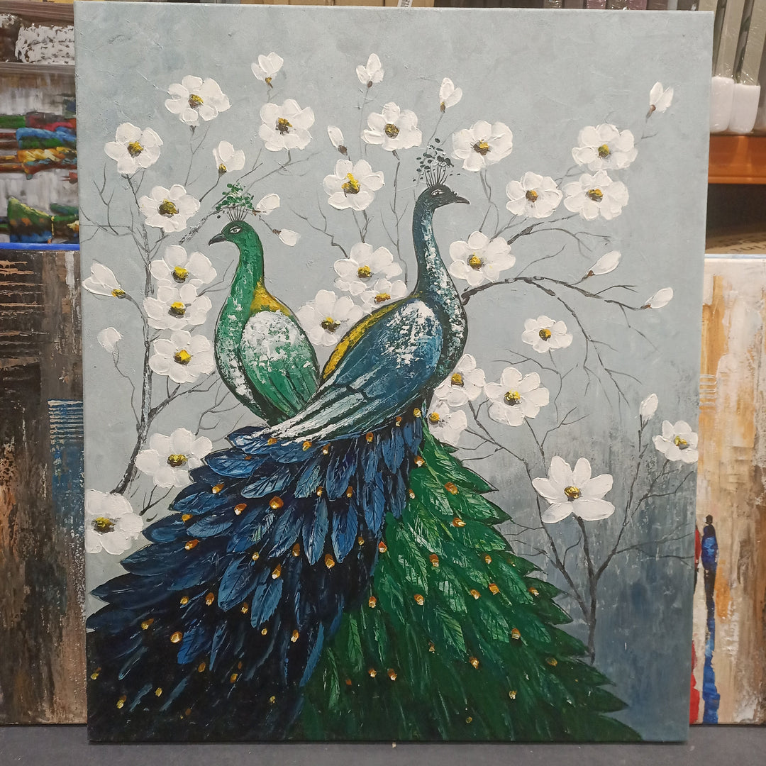 A Flowery Display - Stunning Oil Painting Featuring Peacocks, Size 100x120cm