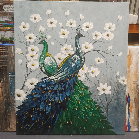 A Flowery Display - Stunning Oil Painting Featuring Peacocks, Size 100x120cm