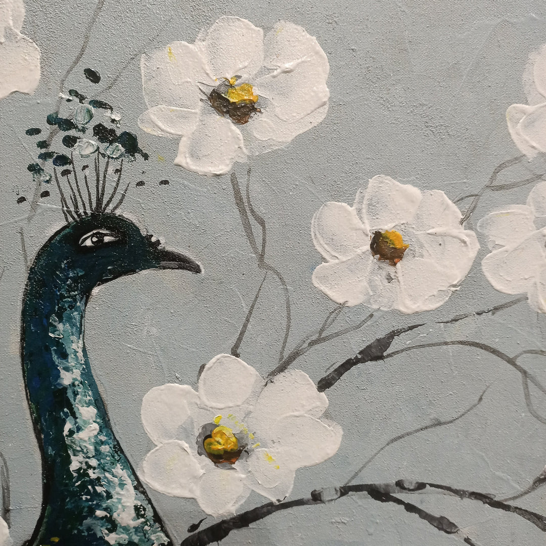 A Flowery Display - Stunning Oil Painting Featuring Peacocks, Size 100x120cm