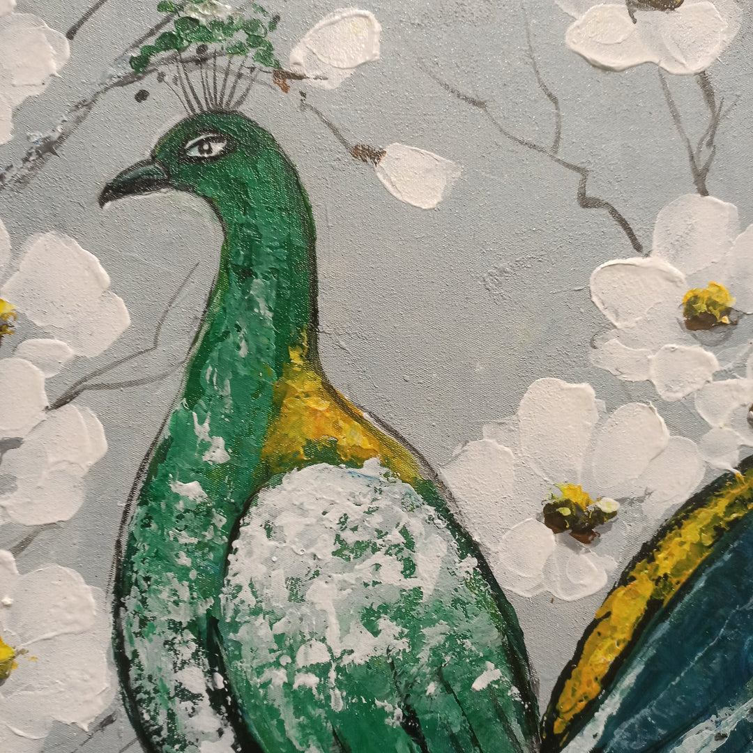 A Flowery Display - Stunning Oil Painting Featuring Peacocks, Size 100x120cm