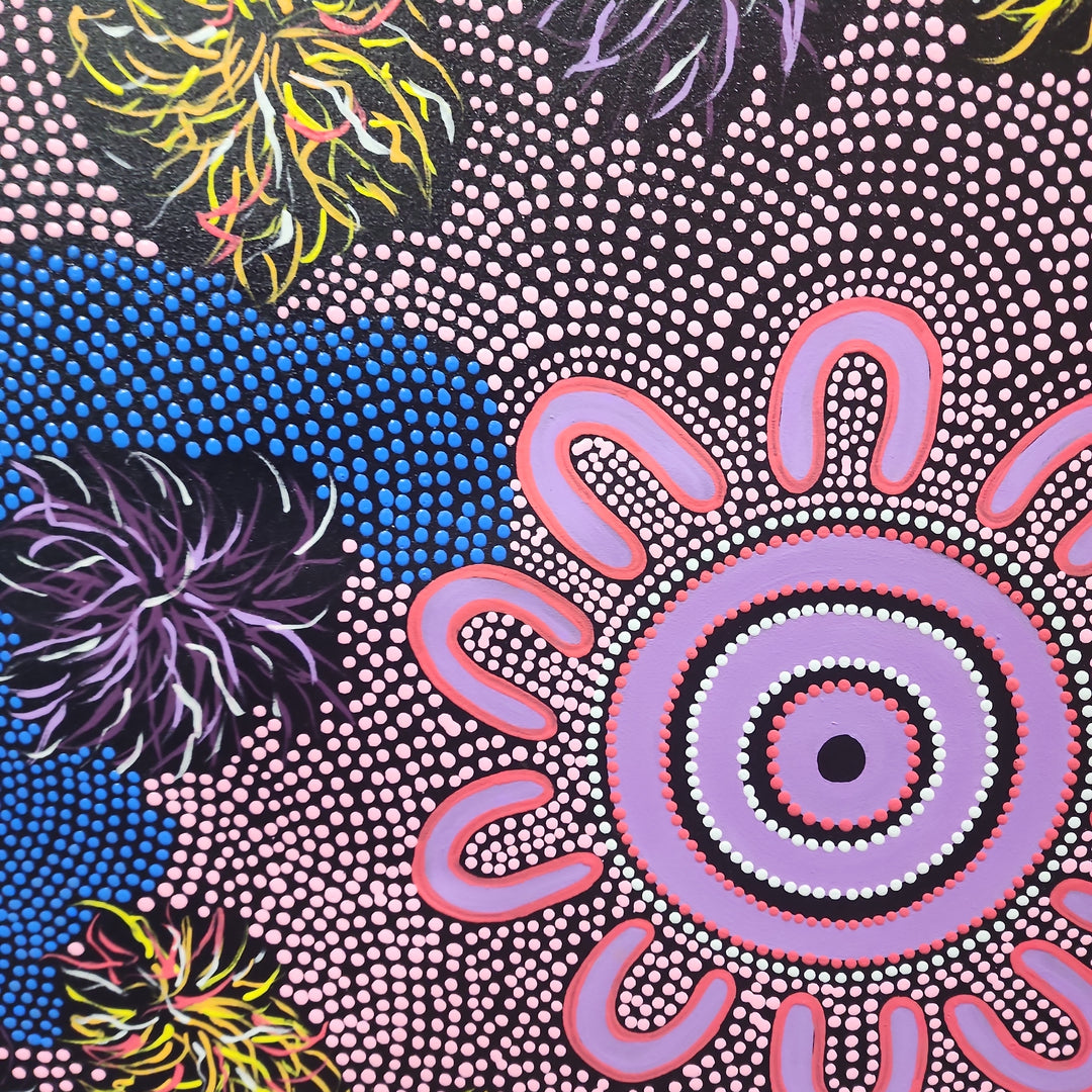 Field of Light - Beautiful Dot Painting Artwork Featuring Pink, Blue and Earthy Yellow Tones, Size 100x150cm