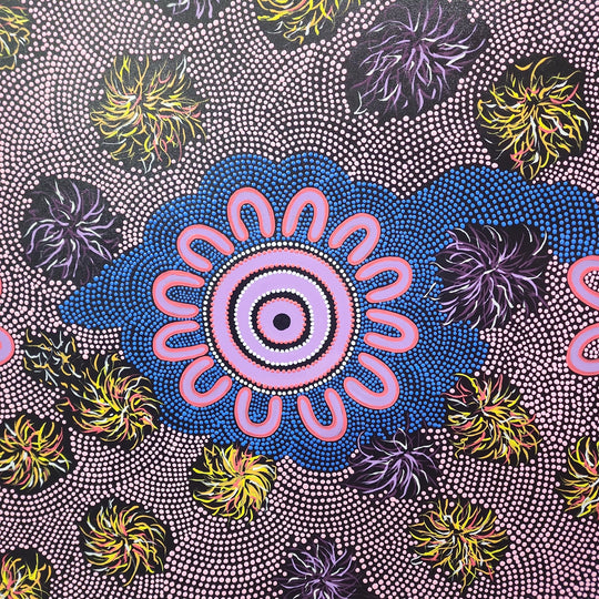Field of Light - Beautiful Dot Painting Artwork Featuring Pink, Blue and Earthy Yellow Tones, Size 100x150cm