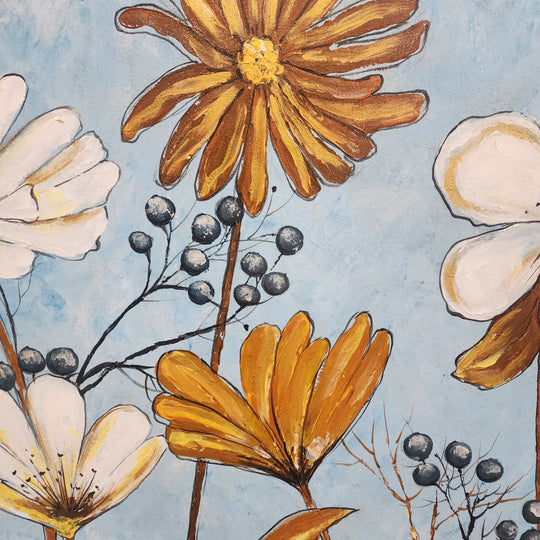 Floral Figures - Beautiful, Whimsical Depiction of Flowers Amid a Soft Cool Blue Backdrop, size 80x150cm