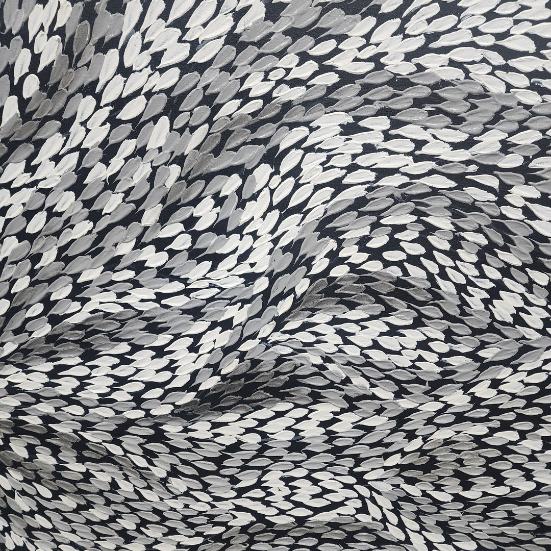 Whispers of White - Stunning Black And White Dot Painting Featuring Swirling Forms, Size 100x200cm