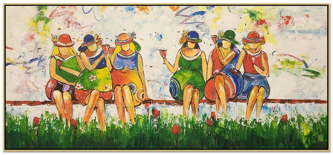 Outdoor Fun - Highly Textural, Stylized Depiction of Ladies sitting on a Bench, Size 80x170cm