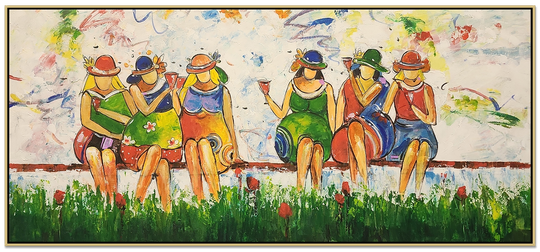 Outdoor Fun - Highly Textural, Stylized Depiction of Ladies sitting on a Bench, Size 80x170cm