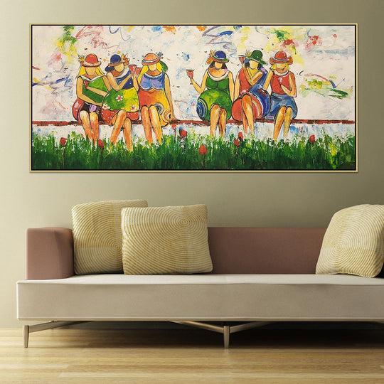 Outdoor Fun - Highly Textural, Stylized Depiction of Ladies sitting on a Bench, Size 80x170cm