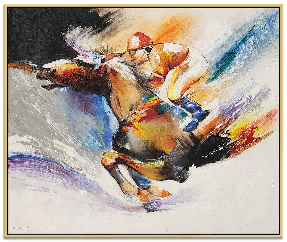 The Racehorse - Stunning hand painted Artwork featuring a Horse racing, Oak Framed.