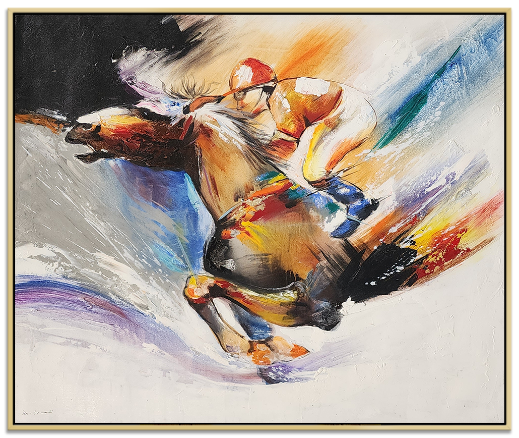 The Racehorse - Stunning hand painted Artwork featuring a Horse racing, Oak Framed.