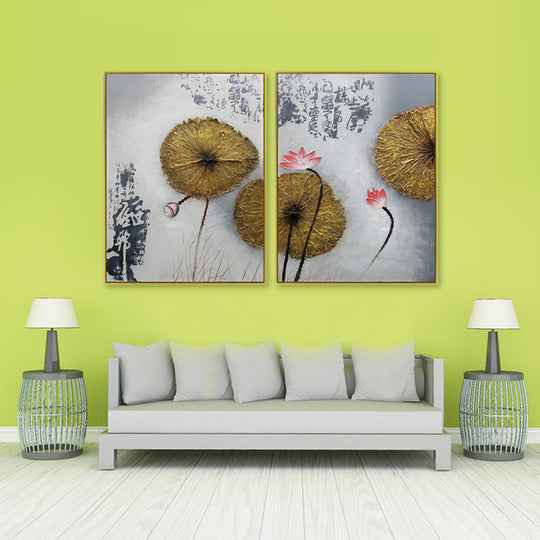 Golden Lotus Harmony - Mixed Media Hand Painted Artwork - 75x100cm Each (2-Piece Set)
