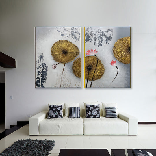 Golden Lotus Harmony - Mixed Media Hand Painted Artwork - 75x100cm Each (2-Piece Set)