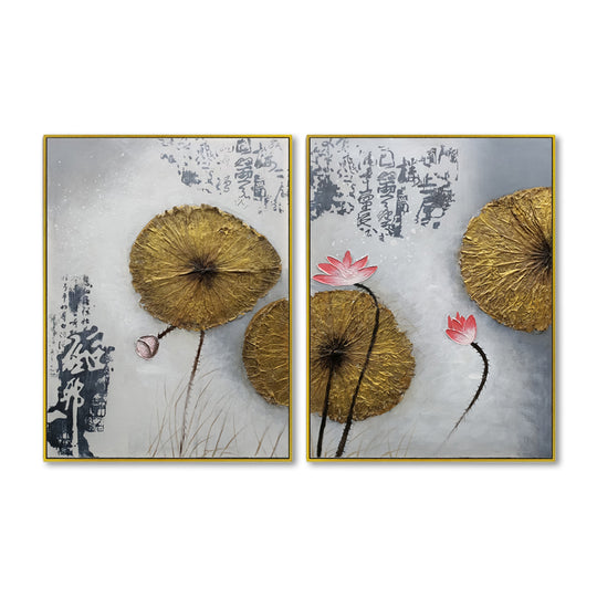 Golden Lotus Harmony - Mixed Media Hand Painted Artwork - 75x100cm Each (2-Piece Set)