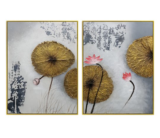 Golden Lotus Harmony - Mixed Media Hand Painted Artwork - 75x100cm Each (2-Piece Set)