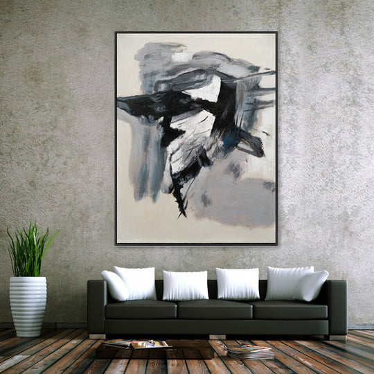 Monochrome Motion - Hand Painted Abstract Artwork in Black Shadow Frame 75x100cm - AC273A