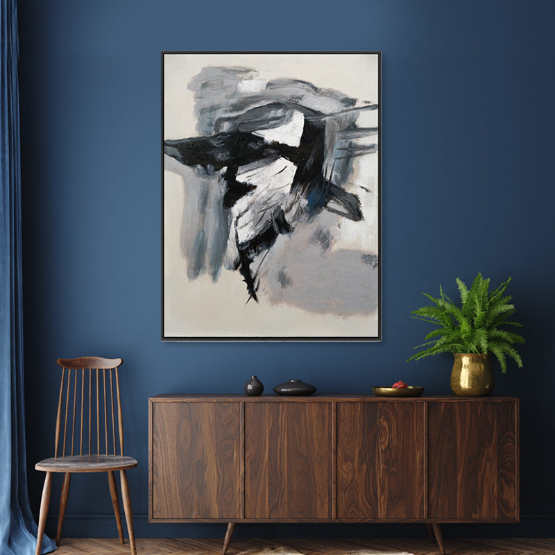 Monochrome Motion - Hand Painted Abstract Artwork in Black Shadow Frame 75x100cm - AC273A