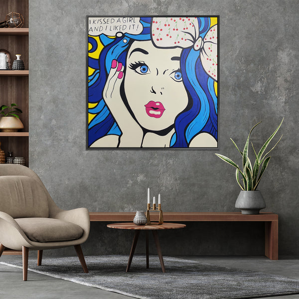 I Kissed A Girl - Quirky, Whimiscal Pop Art Inspired Painting, finished with a Black Frame