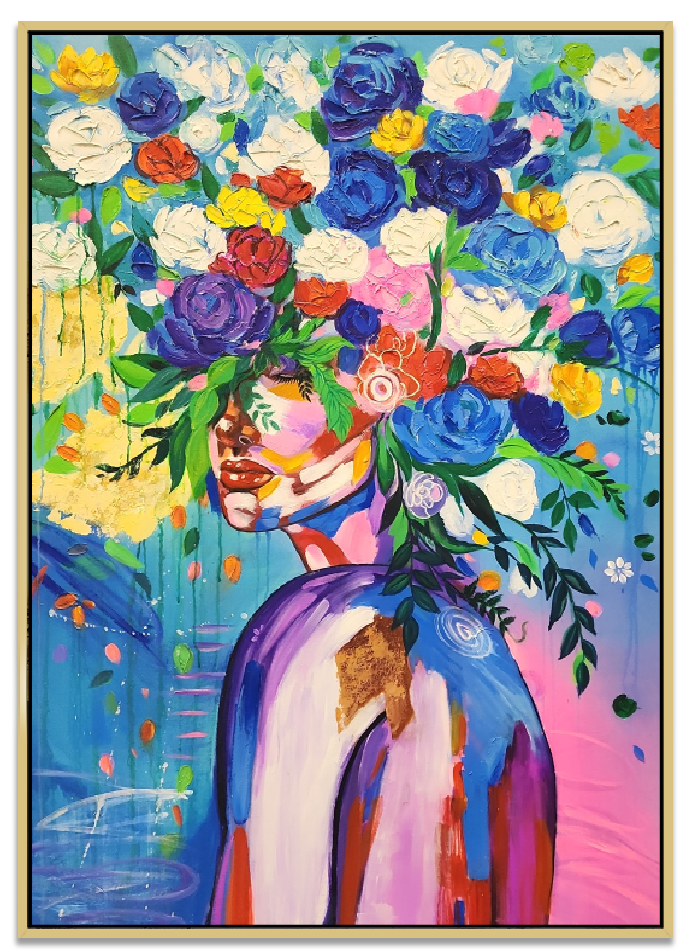 Floral Headdress - Beautiful Stylized Portrait of a Woman, Head Adorned with Feathers