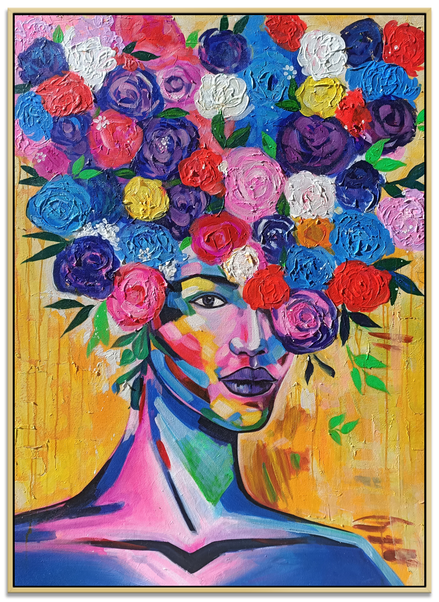 Embellished Gaze - Striking Depiction of a Stylized Woman wearing an Elaborate Floral Headdress