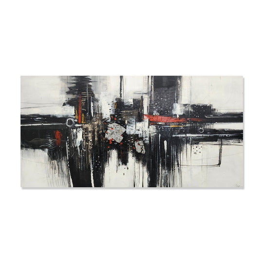 Rhythm's Departure - Striking Black and White Abstract with Red and Silver Accents, Size 100x200cm and finished with a Black Frame