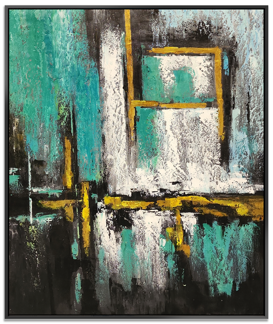 Gold on Teal - Beautiful Modern Abstract Featuring teal and gray tones, with Gold accents spread throughout