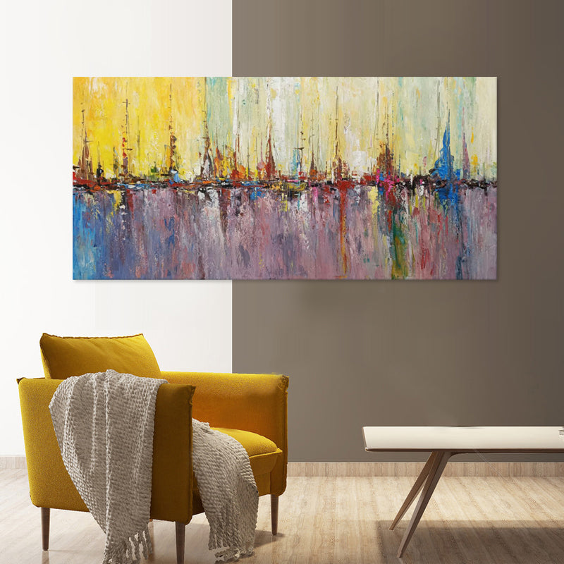 Vibrant Harbour Reflections - Hand Painted Contemporary Marina Artwork 80x170cm - AC435