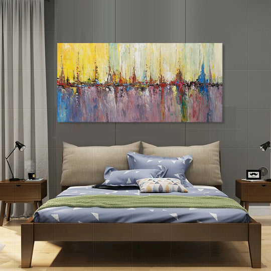 Vibrant Harbour Reflections - Hand Painted Contemporary Marina Artwork 80x170cm - AC435