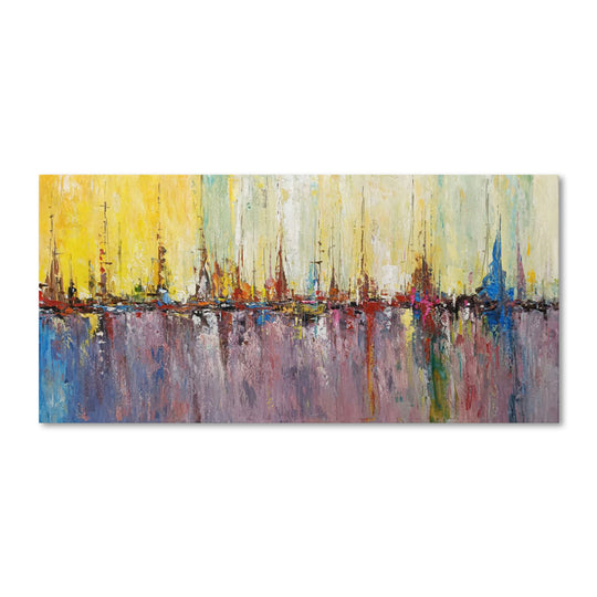 Vibrant Harbour Reflections - Hand Painted Contemporary Marina Artwork 80x170cm - AC435