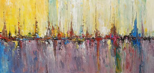 Vibrant Harbour Reflections - Hand Painted Contemporary Marina Artwork 80x170cm - AC435