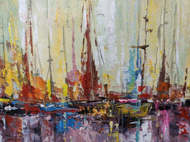 Vibrant Harbour Reflections - Hand Painted Contemporary Marina Artwork 80x170cm - AC435