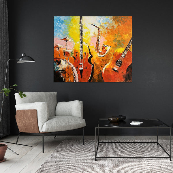 Music Euphoria - Stunning, HAnd Painted Stylized Depiction of an Assortment of Musical Instruments, Size 100x120cm