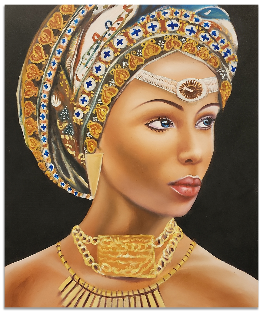 Queen of Beauty - Stunning Hand Painted Depiction of a Woman with an elaborate Headdress, Size 100x120cm