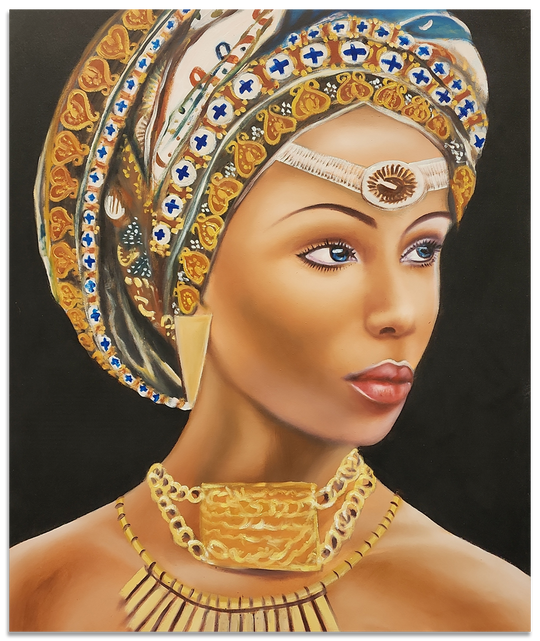 Queen of Beauty - Stunning Hand Painted Depiction of a Woman with an elaborate Headdress, Size 100x120cm