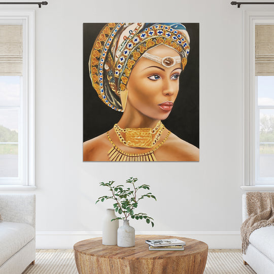 Queen of Beauty - Stunning Hand Painted Depiction of a Woman with an elaborate Headdress, Size 100x120cm