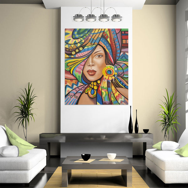 Entrancing Beauty - Stunning, Stylized Depiction of a Woman Adorned with a Stylized, Colourful Headdress. Size 100x120cm