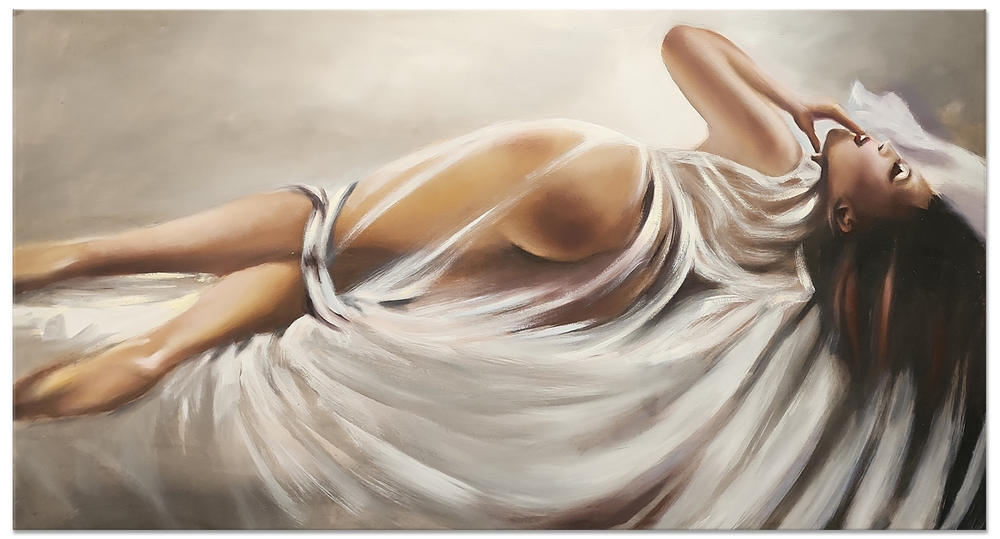 Lying Grace - Beautiful, Highly Detailed Depiction of a Woman Laying Seductively on Her Bed, Size 80x150cm
