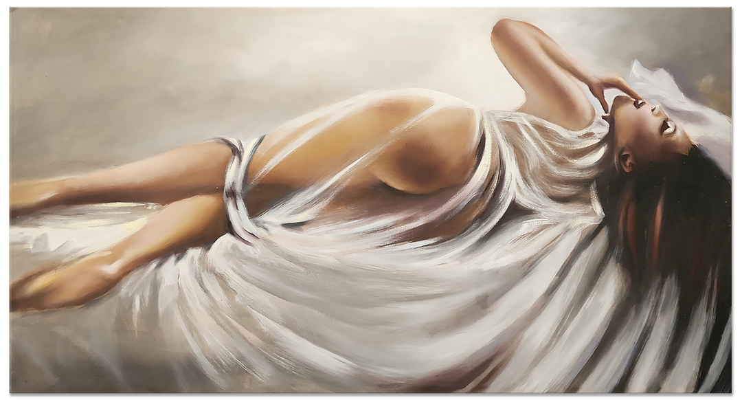 Lying Grace - Beautiful, Highly Detailed Depiction of a Woman Laying Seductively on Her Bed, Size 80x150cm