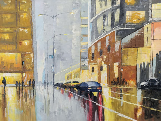 City Streets - Original Hand Painted Art Depicting a busy City Street, Roads Glistening After Rainfall