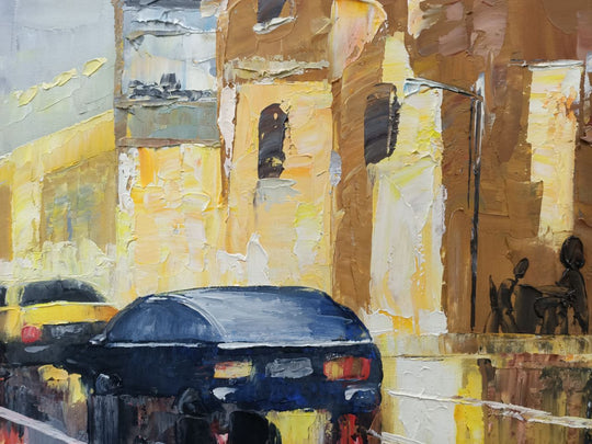 City Streets - Original Hand Painted Art Depicting a busy City Street, Roads Glistening After Rainfall