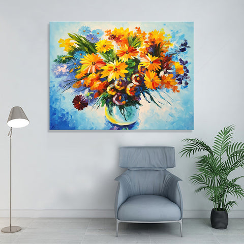 Flowers - Beautiful, Textural Representation of Flowers in a Vase amid a Cool Blue Backdrop, Size 90x120cm
