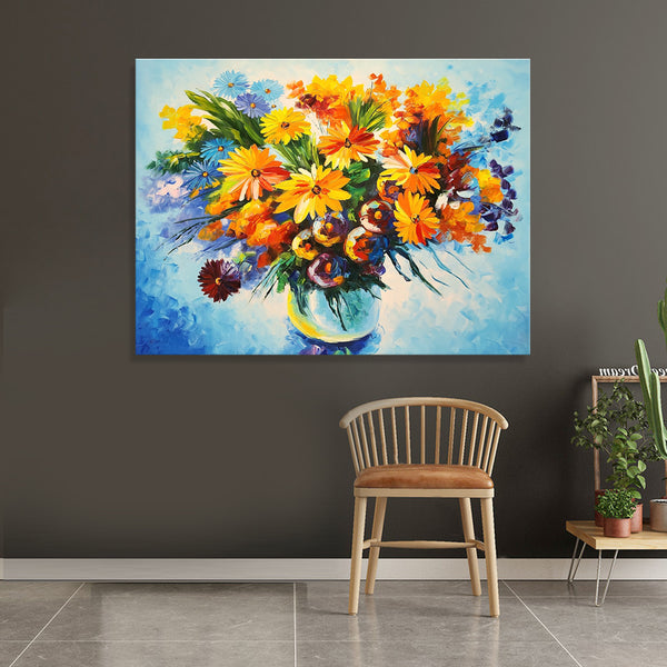 Flowers - Beautiful, Textural Representation of Flowers in a Vase amid a Cool Blue Backdrop, Size 90x120cm