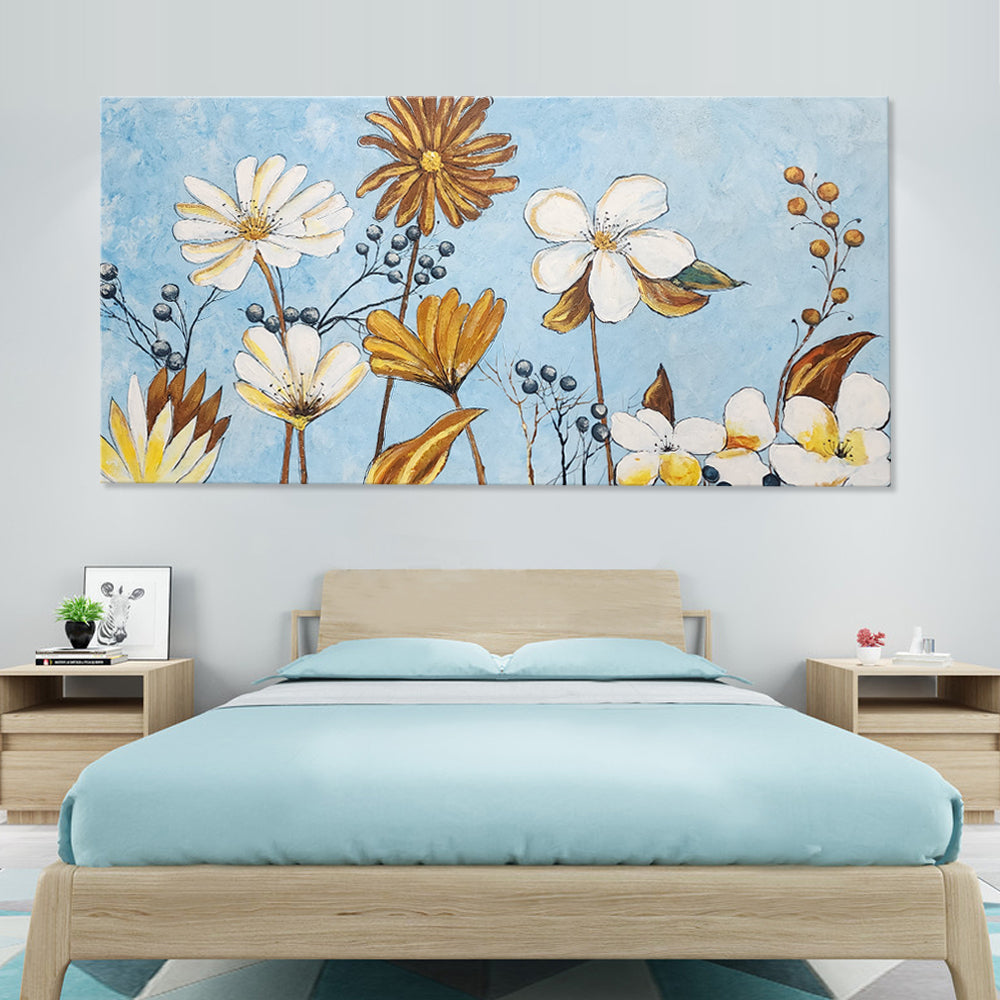 Floral Figures - Beautiful, Whimsical Depiction of Flowers Amid a Soft Cool Blue Backdrop, size 80x150cm