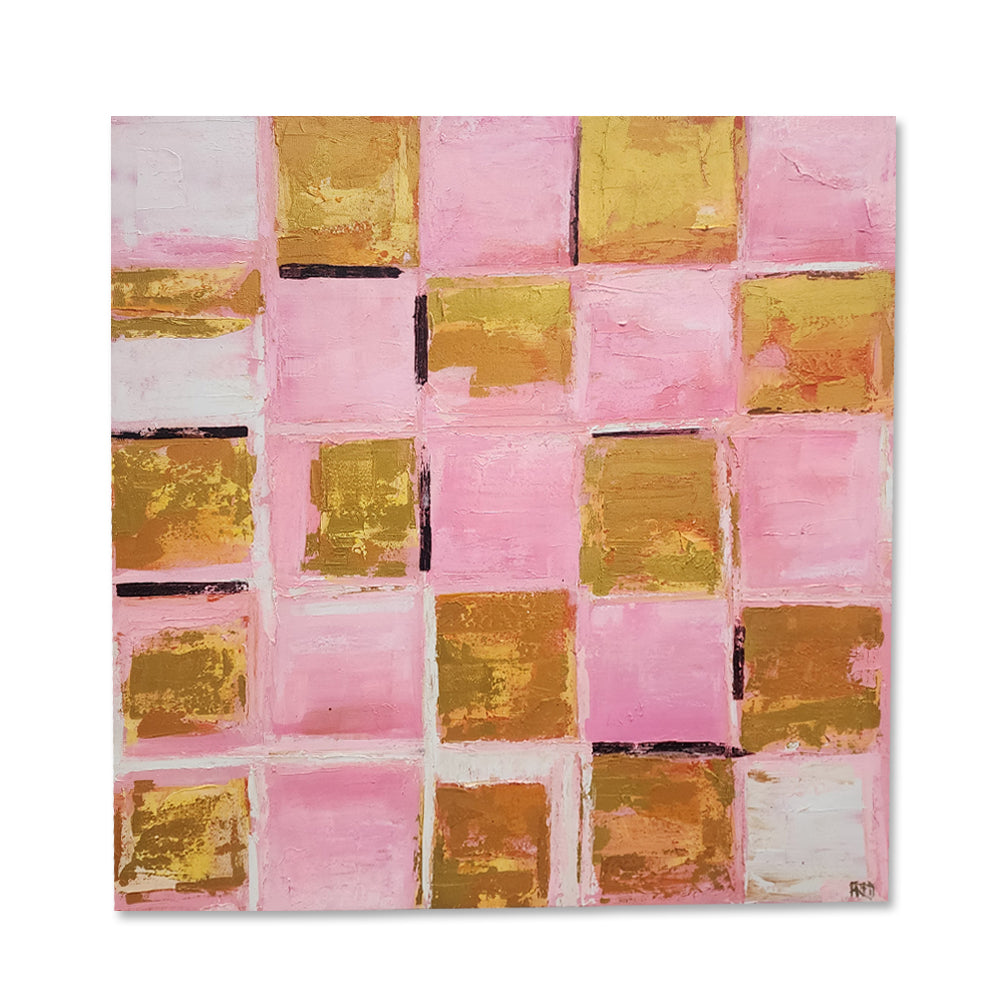 Pink and Gold - Modern Abstract Artwork Featuring Pink and Gold Tones In a Checker Board Composition, size 120x120cm