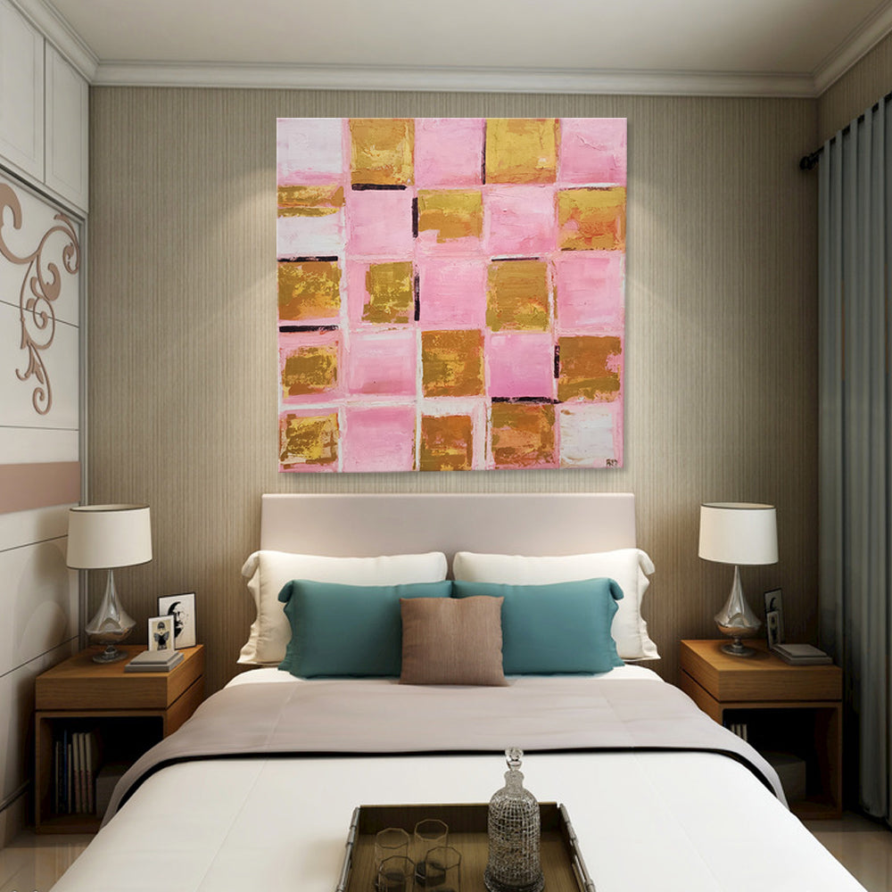 Pink and Gold - Modern Abstract Artwork Featuring Pink and Gold Tones In a Checker Board Composition, size 120x120cm