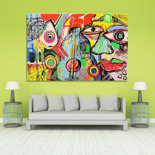 Faces and Forms - Striking, Whimsically Stylized Depiction of a Man holding a Violin, Surrounded by Ludicrous Forms, Size 80x120cm