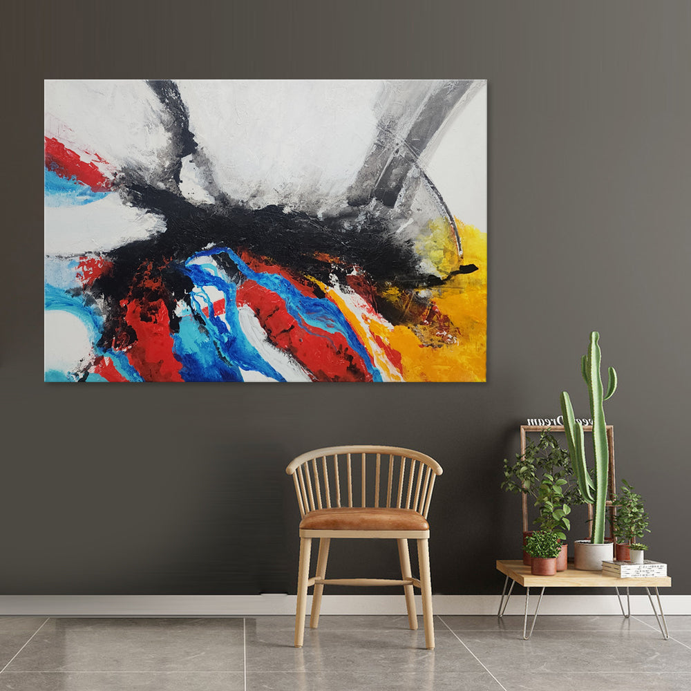 Colour Suppression - Modern Abstract Art Featuring Bold Colours Coalescing Under a Stark Black Forms, Size 100x150cm