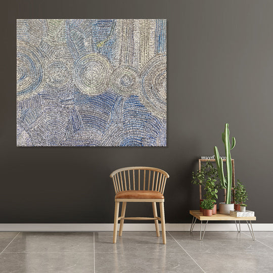 Blue Dreaming - Striking, Stylized Dot Painting Depicting Swirling Blue Dotted Forms, Size 100x120cm