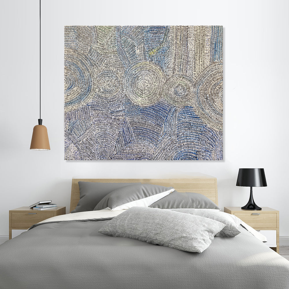 Blue Dreaming - Striking, Stylized Dot Painting Depicting Swirling Blue Dotted Forms, Size 100x120cm