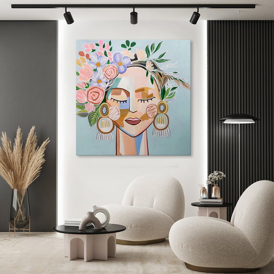 Botanical Muse - Hand Painted Contemporary Portrait Artwork 120x120cm - AC599