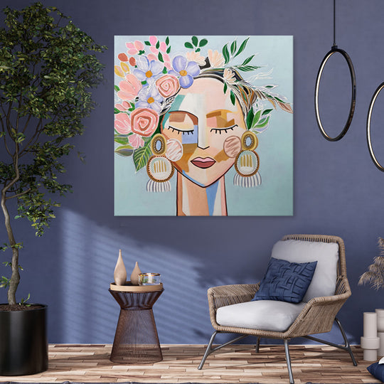Botanical Muse - Hand Painted Contemporary Portrait Artwork 120x120cm - AC599