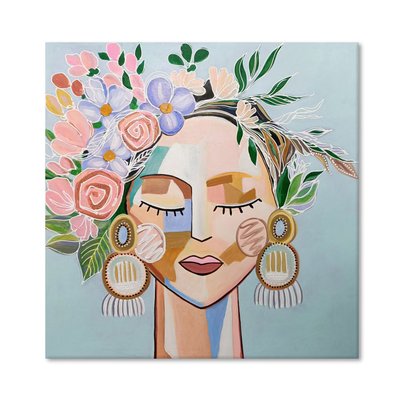 Botanical Muse - Hand Painted Contemporary Portrait Artwork 120x120cm - AC599
